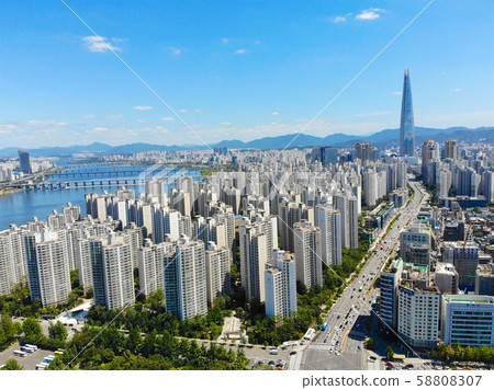 Aerial view of Seoul city with Lotte toweron the background, South Korea 58808307