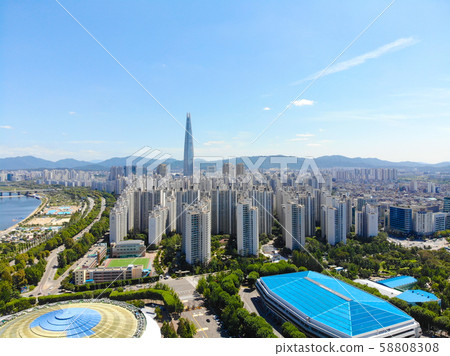 Aerial view of Seoul city with Lotte toweron the background, South Korea 58808308