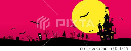 Halloween background material. Castle, bats, grave. 58811845