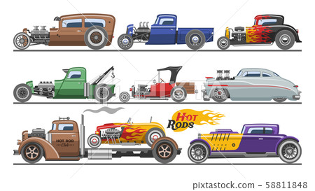 Hot rods car vector vintage classic vehicle and retro auto transport roadster illustration set of 58811848