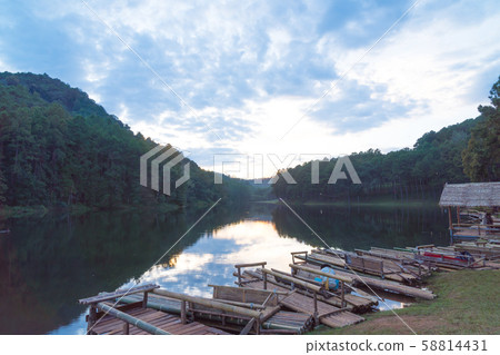 Bamboo raft in lake. Bamboo raft in lake. 58814431
