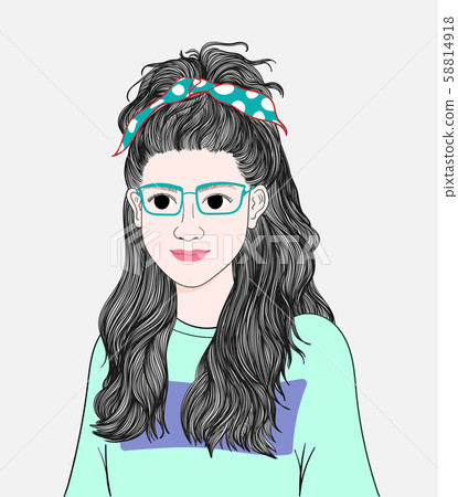 Green woman wearing glasses.She is smiling and happy on a special day.Doodle art concept,illustration painting 58814918