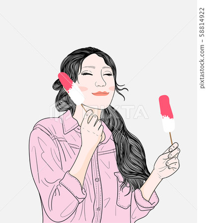Woman eating delicious ice cream outside the house.Doodle art concept,illustration painting 58814922