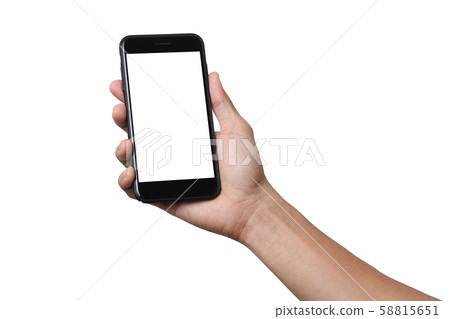 Hand man holding mobile smartphone with blank screen isolated on white background with clipping path Hand man holding mobile smartphone with blank screen isolated on white background with clipping path 58815651