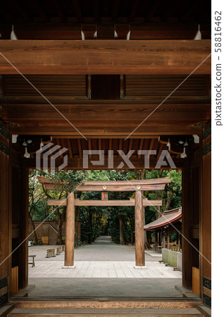 Meiji Jingu Shrine wooden Torii seen through old wooden gate 58816462