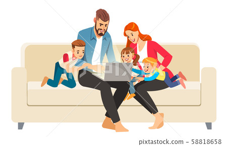 Portrait of a jolly family using a laptop sitting on sofa at home. Vector illustration in cartoon Portrait of a jolly family using a laptop sitting on sofa at home. Vector illustration in cartoon 58818658