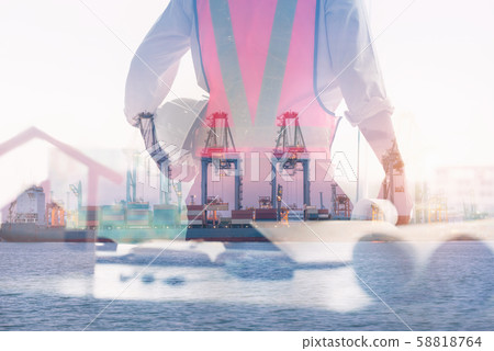 Double Exposure of Engineer in Safety Equipment on Shipping Terminal Industry Background Double Exposure of Engineer in Safety Equipment on Shipping Terminal Industry Background 58818764