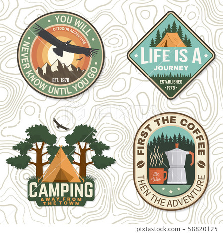 Set of outdoor adventure quotes symbol. Vector. Concept for badge, patch, shirt, logo, print, stamp Set of outdoor adventure quotes symbol. Vector. Concept for badge, patch, shirt, logo, print, stamp 58820125