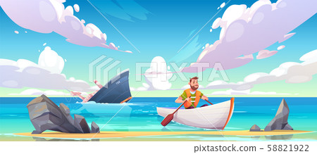 Man escaping from sinking ship after shipwreck 58821922