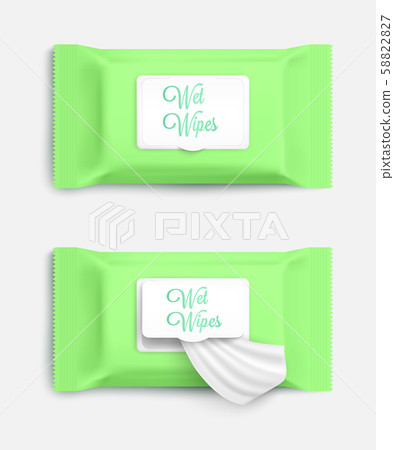 Wet wipes set of green packages mockup, realistic vector illustration isolated. Wet wipes set of green packages mockup, realistic vector illustration isolated. 58822827