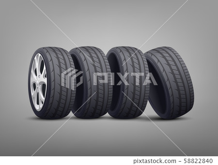 Stack of car tires and wheels photo realistic vector illustration on background. 58822840