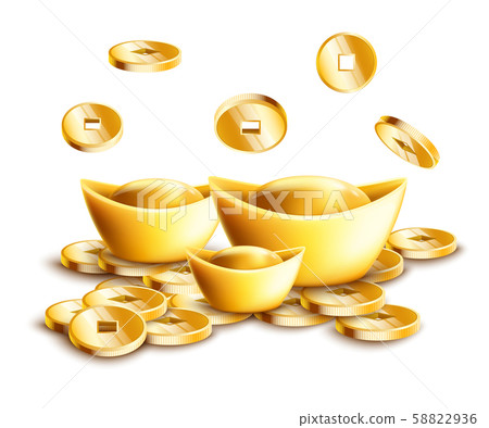 Chinese gold ingots and falling golden coins isolated on white background. Chinese gold ingots and falling golden coins isolated on white background. 58822936