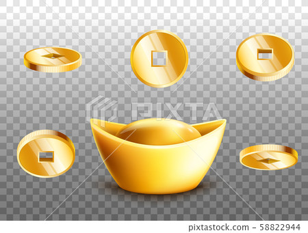 Chinese golden ingot and gold coins set isolated on transparent background 58822944