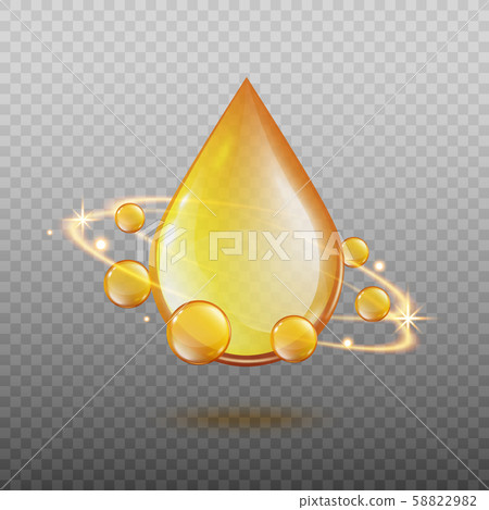 Golden oil drop with magic light energy swirl surrounded by sphere gold droplets 58822982