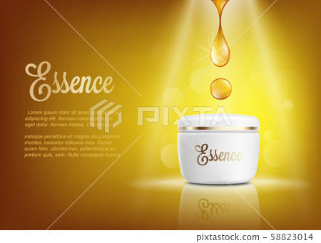 Essence cream ad poster with shiny golden liquid drop and cream jar Essence cream ad poster with shiny golden liquid drop and cream jar 58823014