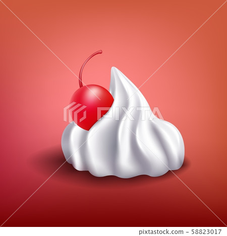 White whipped cream piece with red cherry - sweet dessert topping White whipped cream piece with red cherry - sweet dessert topping 58823017
