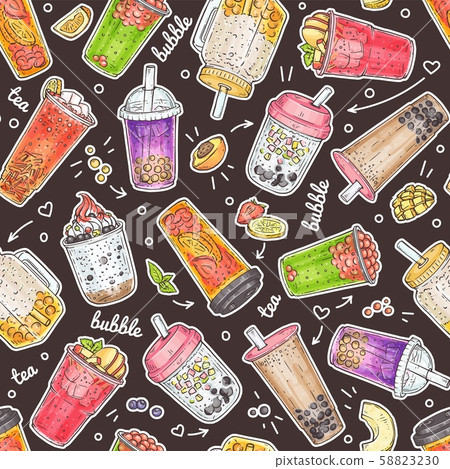Bubble tea seamless pattern - hand drawn sweet drinks Bubble tea seamless pattern - hand drawn sweet drinks 58823230