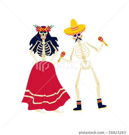 Skeletons in costumes for Dia de los Muertos flat vector illustration isolated. 58823263