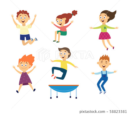 Set of children jump for joy on trampoline flat vector illustration isolated. 58823381
