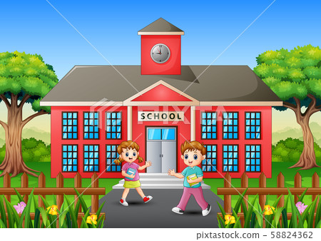 Happy students go to school in the morning - Stock Illustration [58824362]  - PIXTA