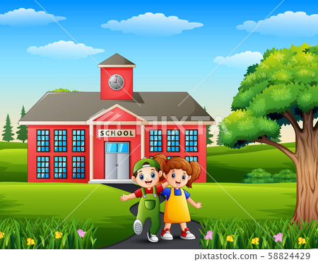 Cartoon a boy and girl in front the school building Cartoon a boy and girl in front the school building 58824429