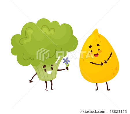 Humanized broccoli gives a flower to a marula.. Vector illustration. Humanized broccoli gives a flower to a marula.. Vector illustration. 58825153