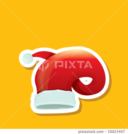 vector red funky Santa Claus hat sticker icon or label isolated on orange background. merry 58825407