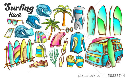 Surfing Time Collection Elements Color Set Vector 58827744