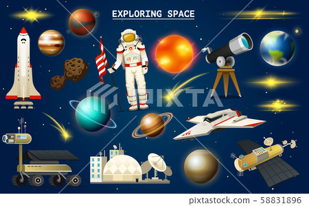 Astronaut in space. Spaceman explores the galaxy. Set of astronomical universe. Planets of the solar 58831896