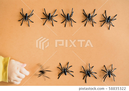 Halloween background decoration holiday concept. Minimal flat lay view of black spide. October Halloween background decoration holiday concept. Minimal flat lay view of black spide. October 58835322