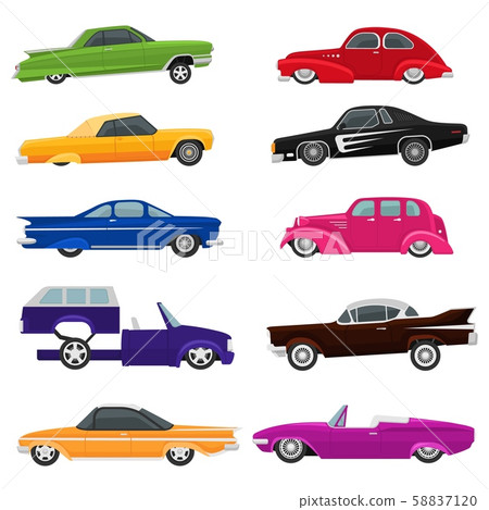 Car vector vintage low rider auto and retro old automobile transport illustration set of classic 58837120
