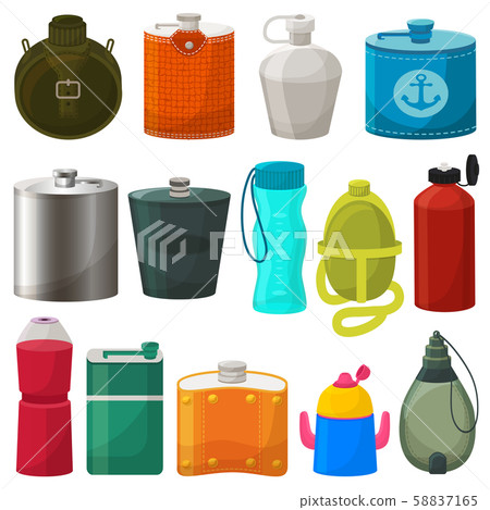 Flask vector metal bottled hip drink thermo and fitness sport plastic bottle illustration set of Flask vector metal bottled hip drink thermo and fitness sport plastic bottle illustration set of 58837165