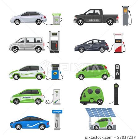 Fuel alternative vehicle vector team-car or gas-truck and solar-van or gasoline electricity station 58837237