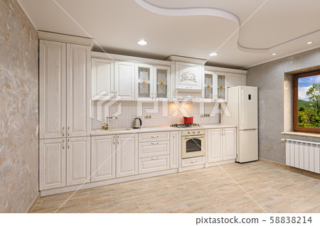 Luxury modern white and beige kitchen interior Luxury modern white and beige kitchen interior 58838214