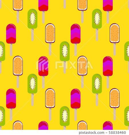 Ice cream seamless background. Retro vector pattern. Tasty colorful summer desert - popsicle, flavored ice or fruit ice lolly. 58838460