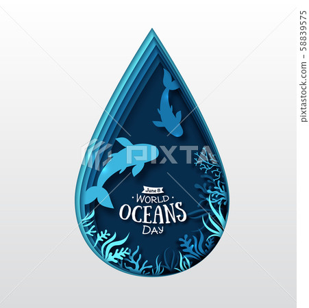 World Oceans Day. Paper art of sea, fish 58839575