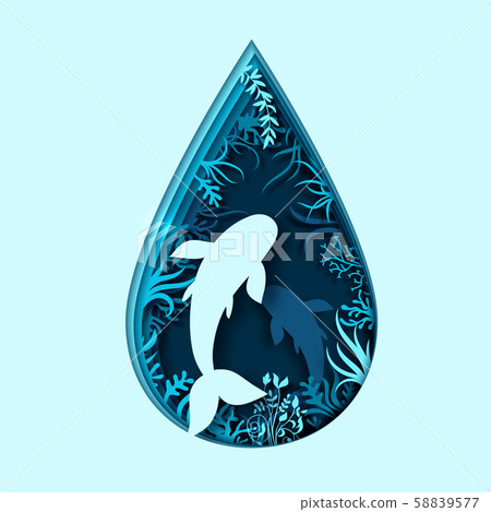 World Oceans Day. Paper art of sea waves and fish 58839577