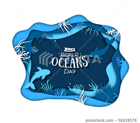 World Oceans Day. Paper art of sea waves and fish 58839578