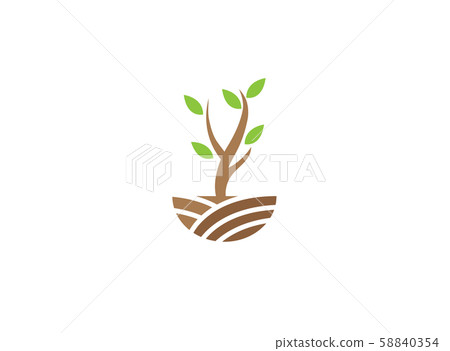 A leafy small tree on a green plateau twigs for logo design illustration on white background 58840354