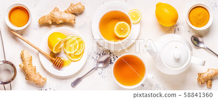 Green tea with lemon and honey. Green tea with lemon and honey. 58841360