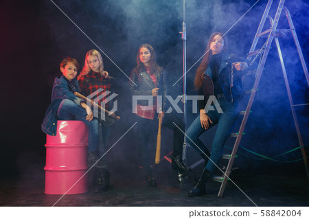 Full length portrait of cute little kids in stylish jeans clothes looking at camera and smiling Full length portrait of cute little kids in stylish jeans clothes looking at camera and smiling 58842004