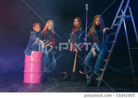 Full length portrait of cute little kids in stylish jeans clothes looking at camera and smiling Full length portrait of cute little kids in stylish jeans clothes looking at camera and smiling 58842005