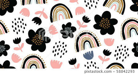 Seamless pattern with colorful flowers and rainbow 58842293