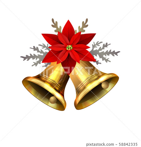 Vector illustration of shiny golden Christmas bells decorated with red bow poinsettia 58842335
