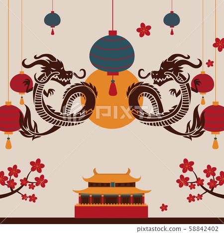 Chinese dragon art poster, vector illustration. Traditional oriental symbol. China culture festival Chinese dragon art poster, vector illustration. Traditional oriental symbol. China culture festival 58842402