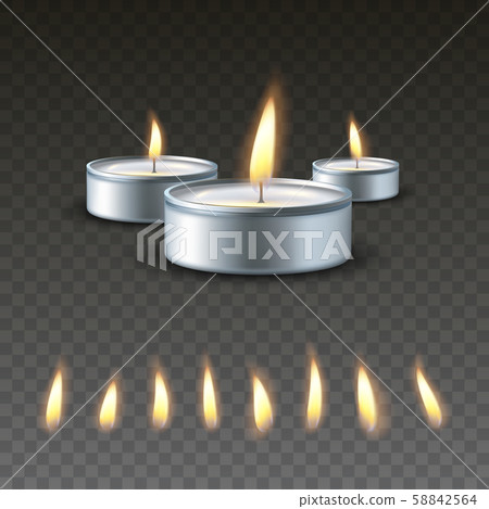 Realistic vector 3d burning tea candle on a dark background 58842564