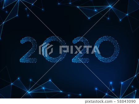 Futuristic glowing low polygonal 2020 New year greeting card on abstract dark blue background. 58843090