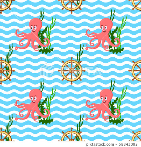 Seamless pattern with octopus, ship wheel, sea weeds and ocean waves. Seamless pattern with octopus, ship wheel, sea weeds and ocean waves. 58843092