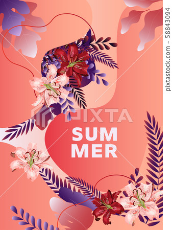 Summer poster template with lily flowers, leaves and abstract liquid shapes and text. Summer poster template with lily flowers, leaves and abstract liquid shapes and text. 58843094