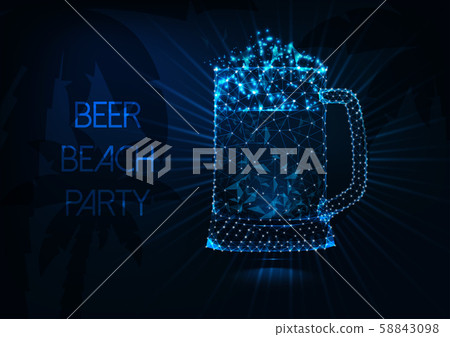Beer beach party concept with glowing low poly beer mug, rays, palm trees and text on dark blue. 58843098